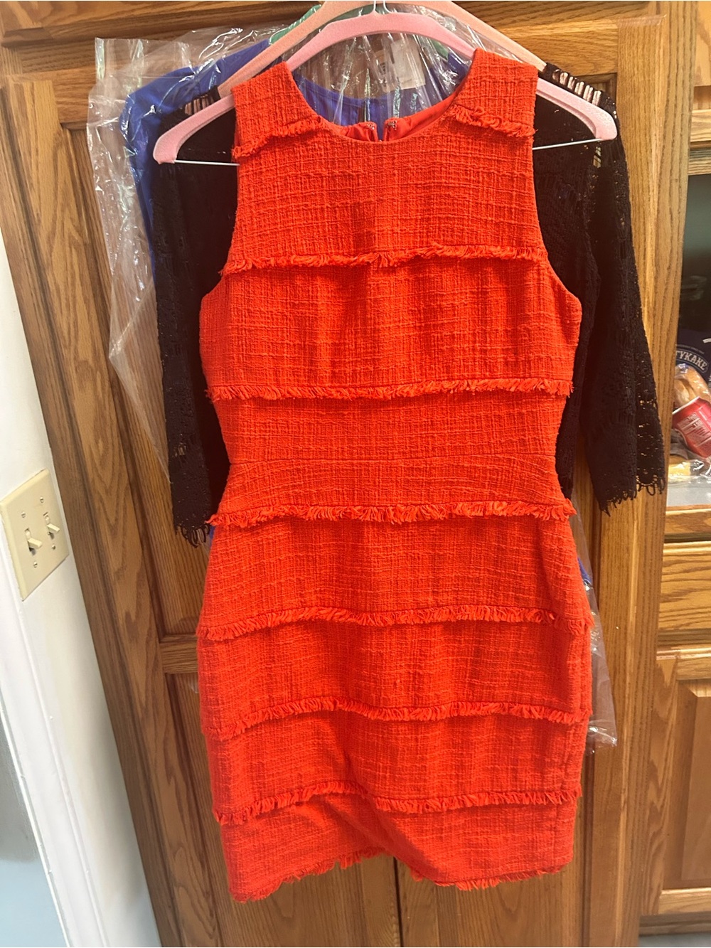 J Crew bight red dress with tweed fabric and fringe detail, size 4
